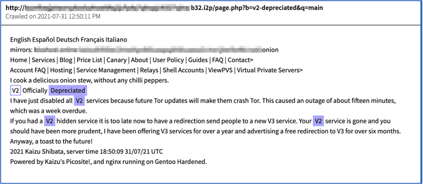 Figure 1 Tor Onion Service Provider’s Depreciation Announcement on I2P. Source DarkOwl Vision Document