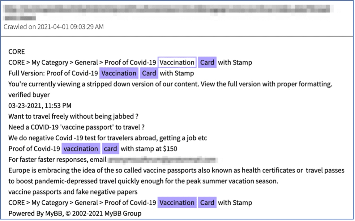 Figure 1: Vaccination Cards/Passports for offer on the darknet (Source - DarkOwl Vision)