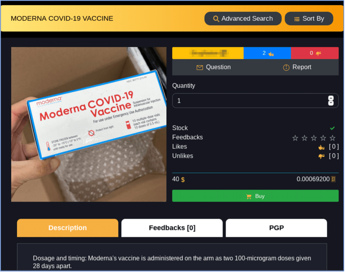 Figure 5: Moderna COVID-19 Vaccine Advertisement on the Darknet