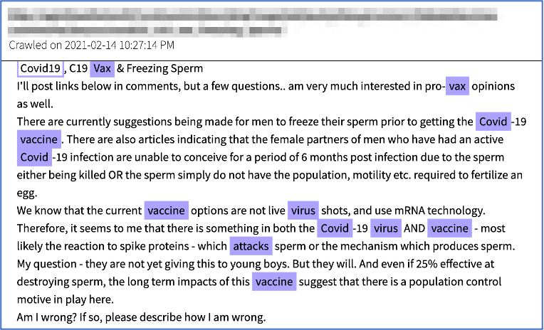 Figure 6: User on darknet board discusses fertility issues and vaccine (Source - DarkOwl Vision)
