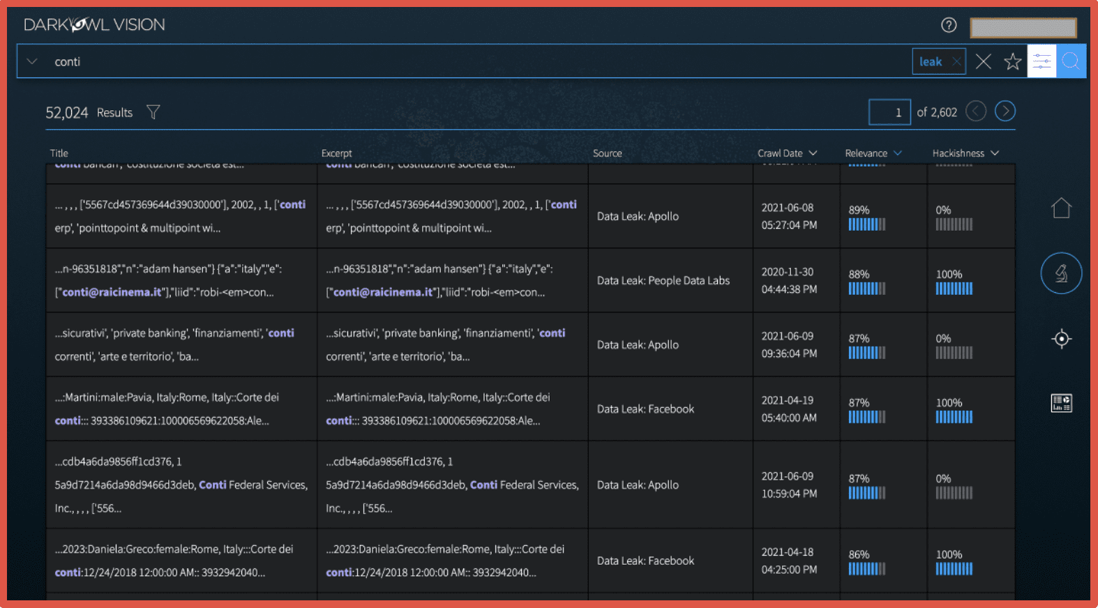 Screenshot of DarkOwl Vision UI platform