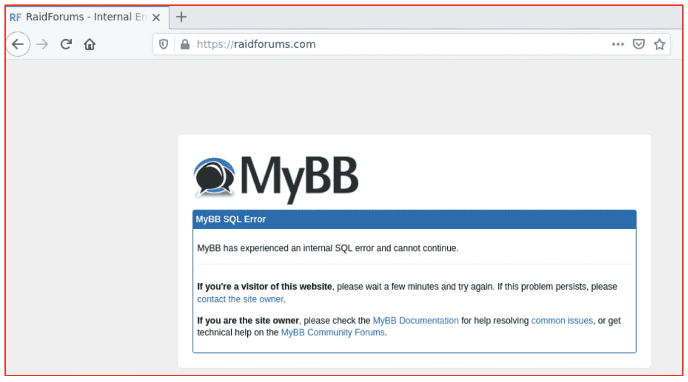 MyBB SQL Error Page for RaidForums from Early February 2022