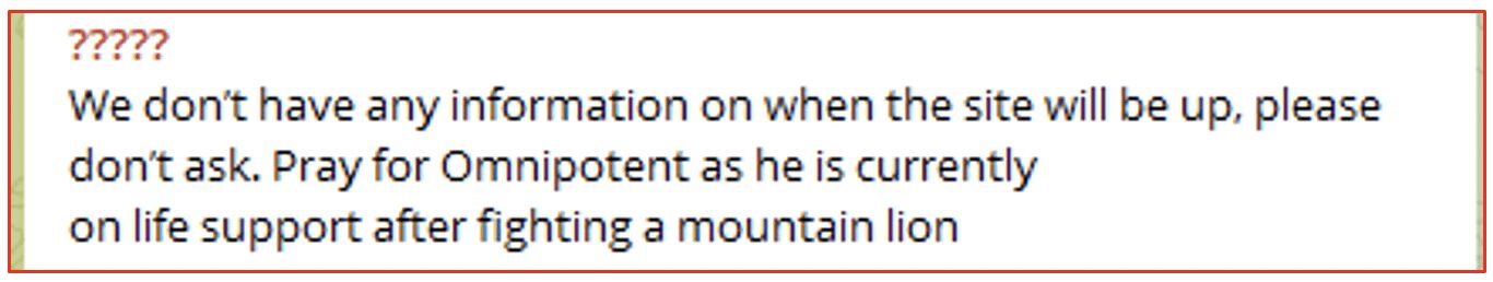 Telegram chat: "We don't have any information on when the site will be up, please don't ask. Pray Omnipotent as he currently on life support after fighting a mountain lion."