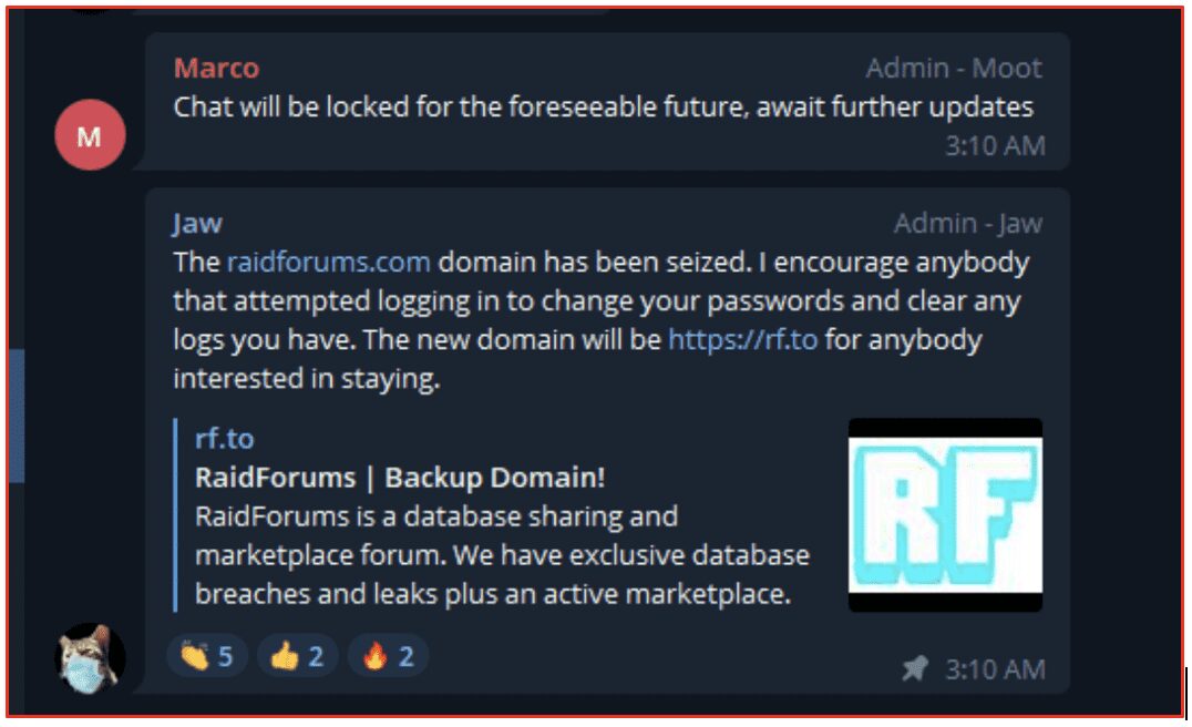 Chat where RaidForums moderator, moot, locked the chat and Jaw suggested rf[.]to would be the new domain for future RaidForums operations.