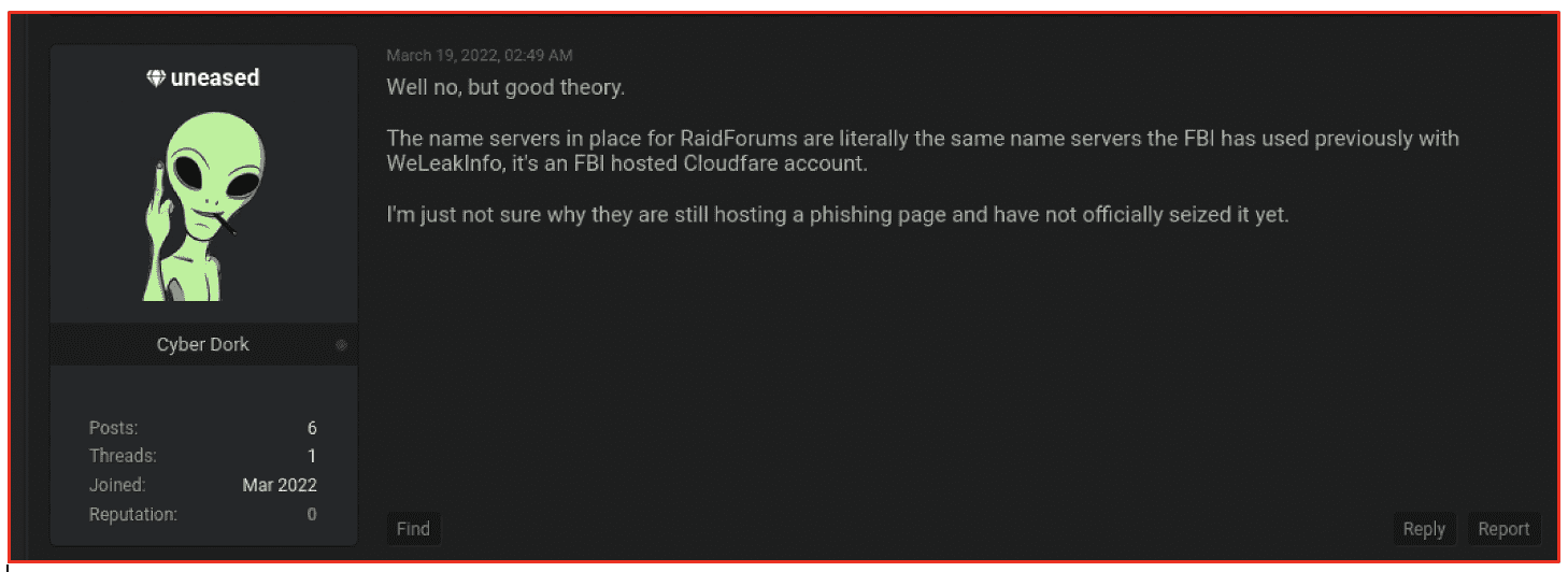 Cyber Dork post stating that state the new name services for RaidForums is the same servers the FBI has previously used with WeLeakInfo.