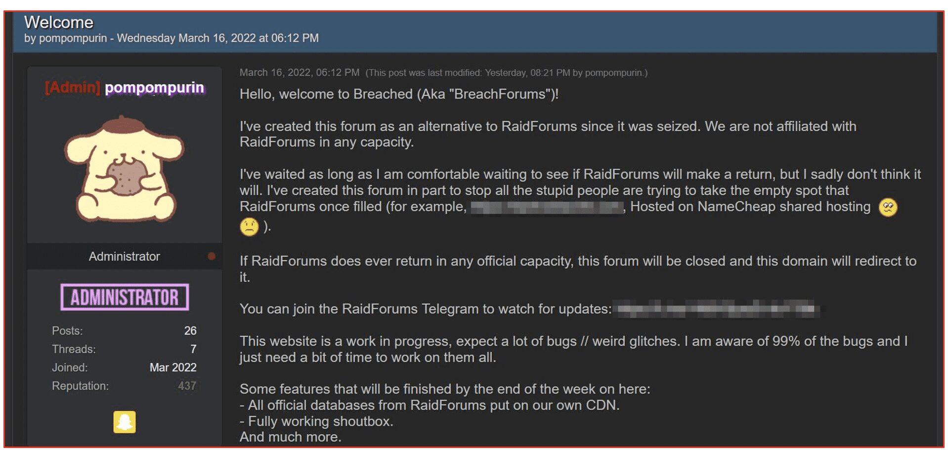 Post by pompomurin claiming no direct affiliation with RaidForums and if RaidForums ever returned in an official capacity, then he would shut down BF and redirect the domain to the main RaidForums site.