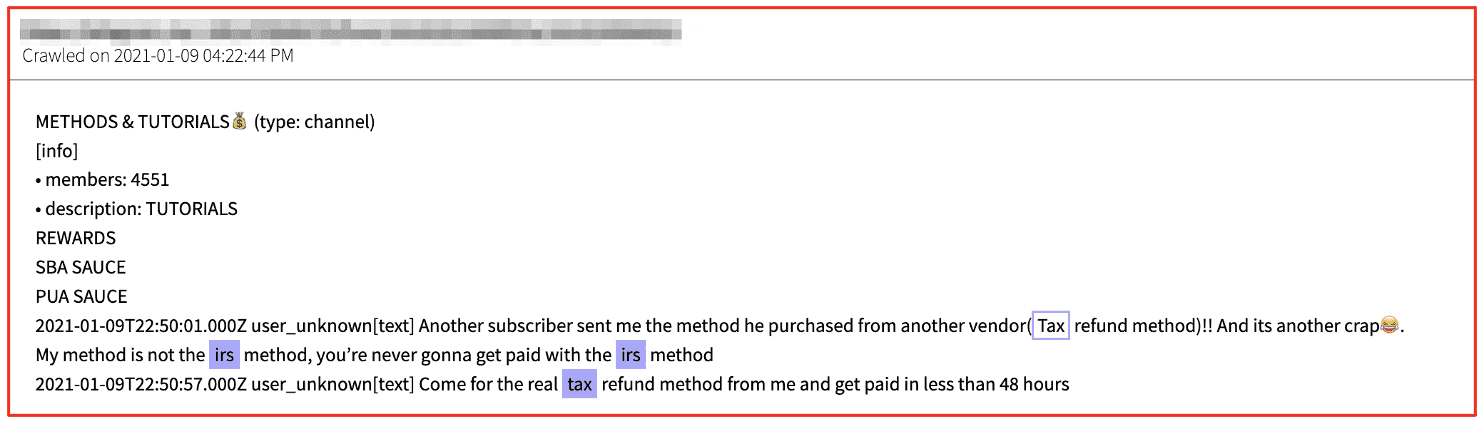 Screenshot of a Telegram user berating the 'irs method' stating that their own method is the only 'real method' for committing tax fraud.