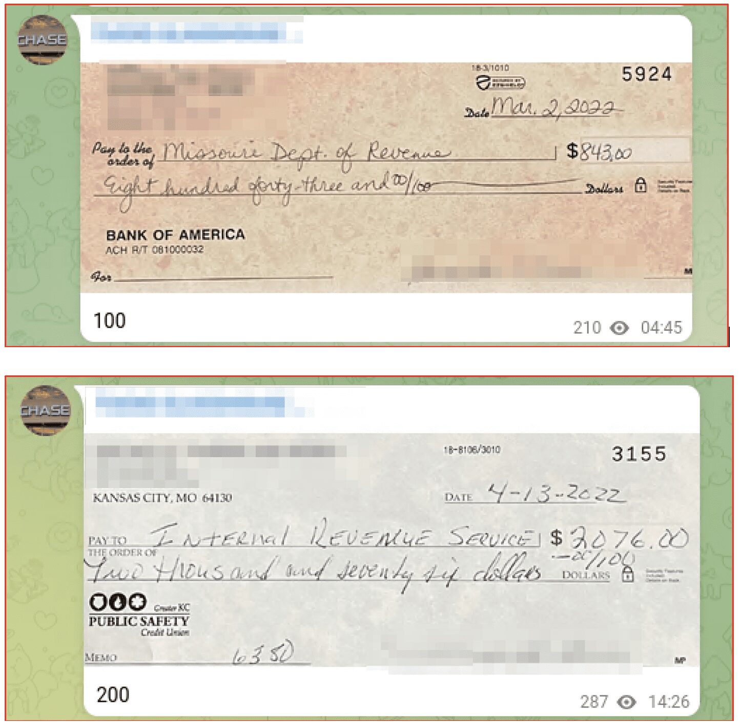 Screenshots of 'glass checks' from Telegram, another example of tax fraud.